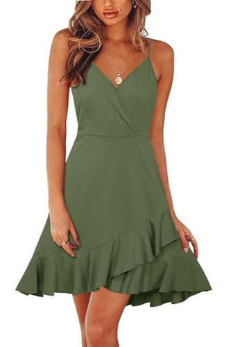 ULTRANICE Army Green Dress Womens Spring Summer 2025 Trendy Casual Wrap Flowy V Neck Adjustable Spaghetti Outfits Clothes Party Wedding Guest Semi Formal Graduation Midi Sun Dresses(Army Green,S) - Image 1