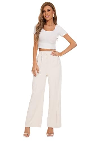 FUNYYZO Women's Wide Leg Pants High Elastic Waisted in The Back Business Work Trousers Long Straight Suit Pants Beige - Image 6