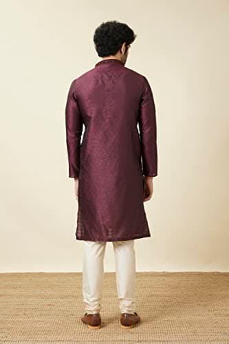 Manyavar Men Art Silk Self Design Full Sleeves Knee Length Kurta Set L WINE - Image 2