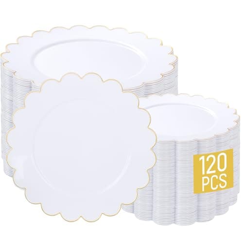 LIYH 120 Pcs White Plastic Plates Wedding Plates Disposable Heavy Duty Scalloped Plastic Plate Includes: 60 Dinner 10.25" & 60 Dessert Plate 7.5" Elegant Gold Rim Suitable for Bridal Shower Party - Image 1