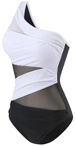 Runtlly Women's One Piece Tummy Control Swimsuit Retro Cutout Mesh Swimwear Ruched Push Up Bathing Suits 8995 BlackWhiteP L - Image 2