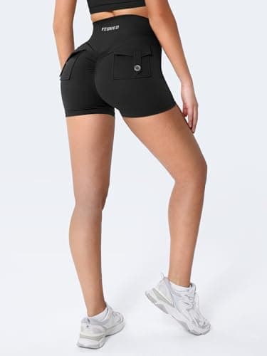 YEOREO CoreFlex Scrunch Workout Shorts with Pockets Charm Gym Biker Shorts for Women High Waisted Booty Yoga Black - Image 4