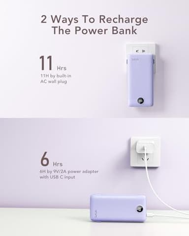 VRURC Portable Charger 20000mAh, Fast Charging Power Bank USB C,4 Output 2 Input Travel Essentials Charging Bank Equipped with LED Display,Built-in Wall Plug and Cables,Phone Charger Battery,Purple - Image 9