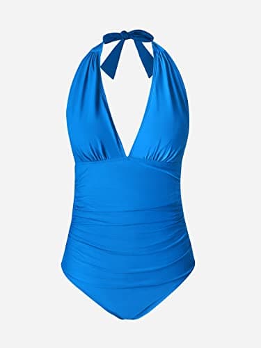 CUPSHE Women Swimsuit One Piece Bathing Suit V Neck Halter Ruched Tummy Control Backless, M Azure Blue - Image 4
