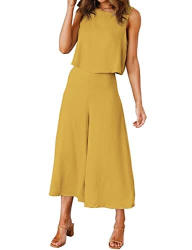 ROYLAMP Women's Summer 2 Piece Outfits Round Neck Crop Basic Top Cropped Wide Leg Pants Set Jumpsuits Ginger Yellow XS - Image 2