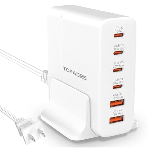 TOPADRE USB C Charger Block 80W, 6 Port Fast Charging Station Powered USB C Hub PD Charger for iPhone 15/14/13 Pro Max, iPad Pro/Air/Mini, for Samsung Galaxy S24, MacBook Pro/Air, White - Image 1