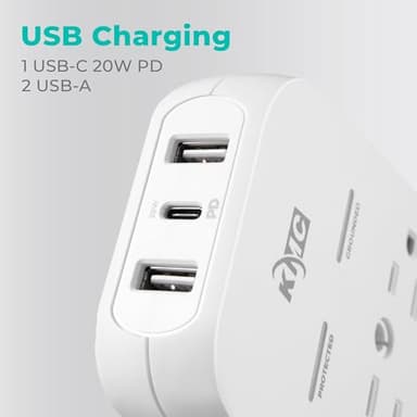 KMC 6-Outlet Extender USB-C PD Surge Protector Wall Tap, Multi-Plug USB Wall Charger, 2 USB-A Ports & USB-C 20W Power Delivery, High-Speed Phone Charger, 980J Surge Protection, UL/ETL Certified, White - Image 5