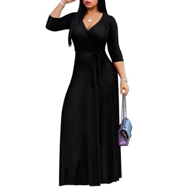 FANDEE Plus Size Maxi Dress for Women - Casual Summer Sundress V-Neck 3/4 Sleeve Solid Black XL - Image 3