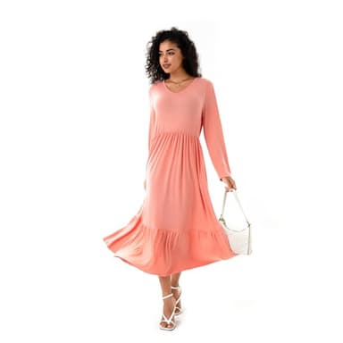 Women's Spring Solid V-Neck Long Sleeve Dress Loose Pleated Hem Fluttering Swing Midi Long Dresses with Pockets Orange Pink - Image 5