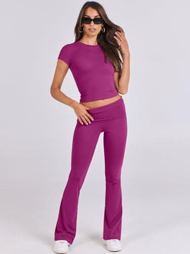 ANRABESS Lounge Sets for Women 2 Piece Foldover Yoga Flare Leggings Pants Crop Tops Casual Y2K Outfits Matching Tracksuit Set Hot Pink Small - Image 7