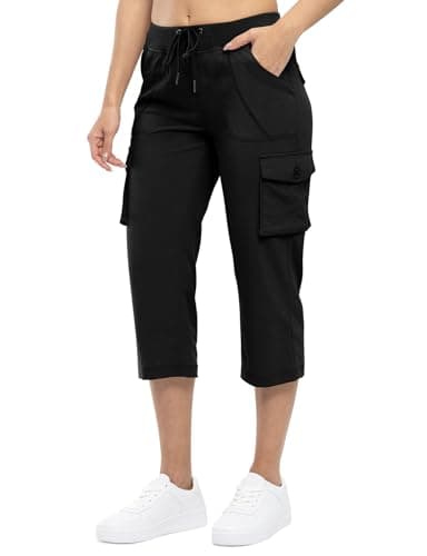 TBMPOY Womens Cargo Capris Hiking Lightweight Pants 6 Pockets Quick Dry Casual Outdoor Trip Loose Shorts Cropped Cotton Black L - Image 2