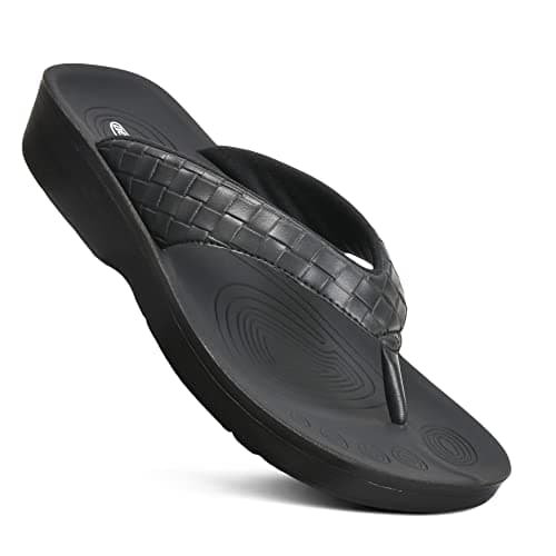 AEROTHOTIC Arch Support Flip Flops for women Stylish Cushioned Padded Straps with Soft Toe Post Slip on Footwear Dressy Travel Recovery Outdoor Comfortable Walking Sandals (Clarus Black, Size 8) - Image 1