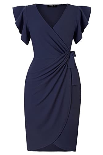 oten Womens Deep V Neck Ruffle Sleeve Sheath Casual Cocktail Party Work Faux Wrap Dress Navy Blue Medium - Image 2