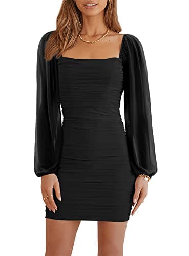Wenrine Women's Mesh Long Sleeve Square Neck Ruched Party Club Cocktail Bodycon Mini Dress Black - Image 1