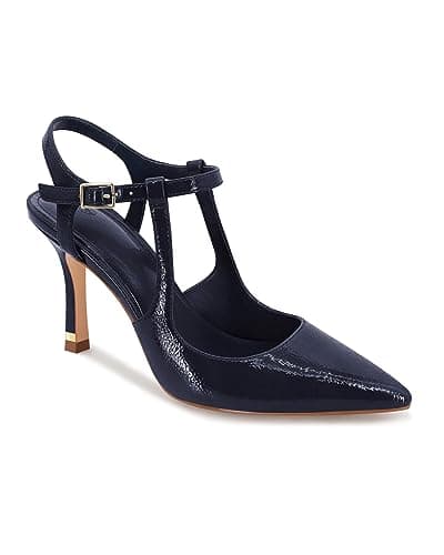Coutgo Womens High Heels Pointed Toe Ankle Strap Pumps Patent Leather Sexy Stiletto Office Wedding Dress Shoes, Navy, Size 8 - Image 1