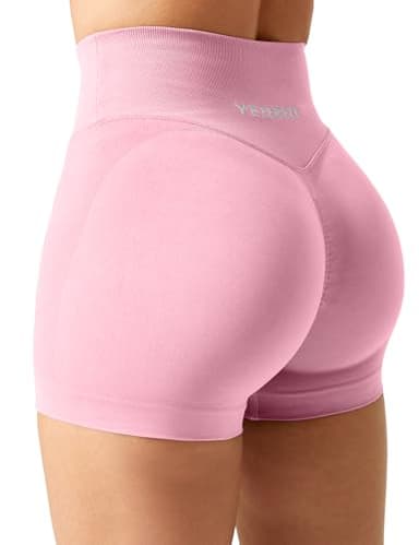 YEOREO Women Scrunch Workout Shorts Butt Lifting 3.5" V Cross Waist Amplify Shorts Gym Shorts Light Pink M - Image 1