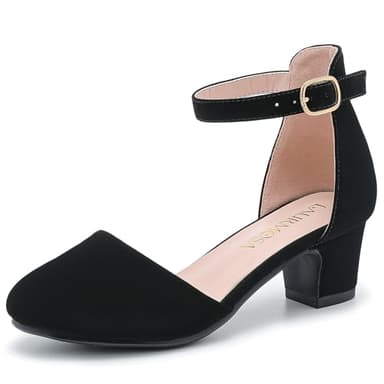 LAURMOSA Black Dress Shoes for Girls Chunky Block Heels for Little Big Kids Princess Flower Girl Shoes for Wedding Party Closed Round Toe Pumps with Ankle Strap(L1012 Black 5) - Image 1