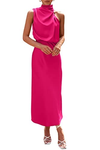 PRETTYGARDEN Women's 2025 Summer Satin Dress Elegant Sleeveless Mock Neck Cocktail Party Maxi Dresses (Rose Red,Small) - Image 1