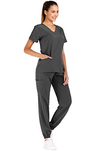Minty Mint Women's Petite Size Easy Wear Fit Lightweight Durable Solid Stretch Medical Scrubs Sets V Neck Top Slim Jogger Pants Medical Professional Grey PS - Image 2