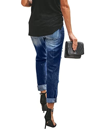 KUNMI Women's Ripped Mid Waisted Boyfriend Jeans Loose Fit Distressed Stretchy Denim Pants - Image 3