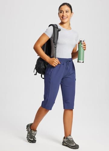 baleaf Women's 15" Long Shorts Below The Knee Capri Hiking Cargo Shorts Lightweight Quick Dry Elastic Waist for Casual Estate Blue L - Image 6