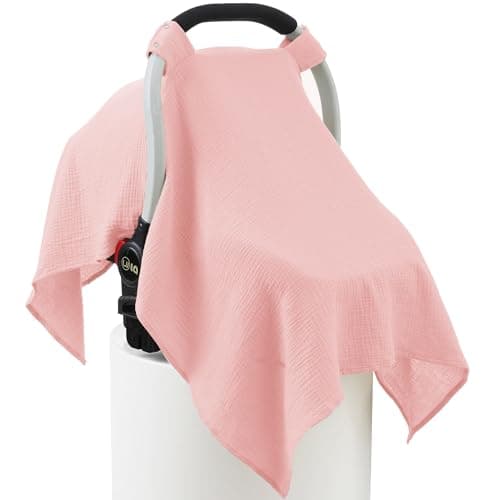 100% Muslin Cotton Car Seat Cover Baby, Carseat Canopy Cover, Universal Fit Stroller Covers for Boys and Girls (Pink) - Image 1