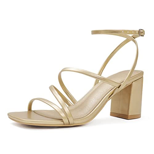 LACUONE Strappy Heels for women Block Heels Square Toe Chunky Ankle Buckle Pump Heeled Sandals (10,Gold) - Image 1
