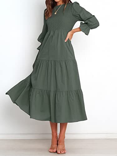 BTFBM Women Casual Long Sleeve Dress Fall Dresses 2025 Solid Color Relaxed Fit Smocked Tiered Flowy Boho Long Dresses(Solid Army Green,Large) - Image 2