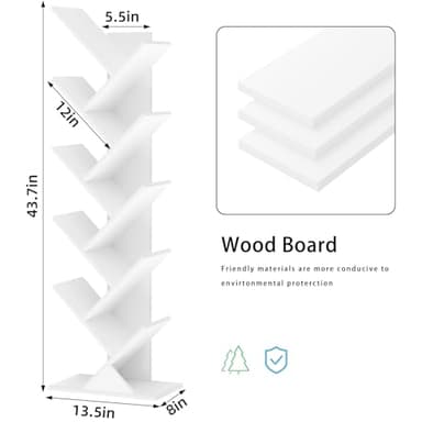 SHEEPAM 10 Tier Tree Book Shelf, Floor Standing Wood Bookshelf for Narrow Space, Storage Organizer Bookshelves for Books/CDs/Magazine, Bookcase with Shelves for Home Office, Living Room - White - Image 3