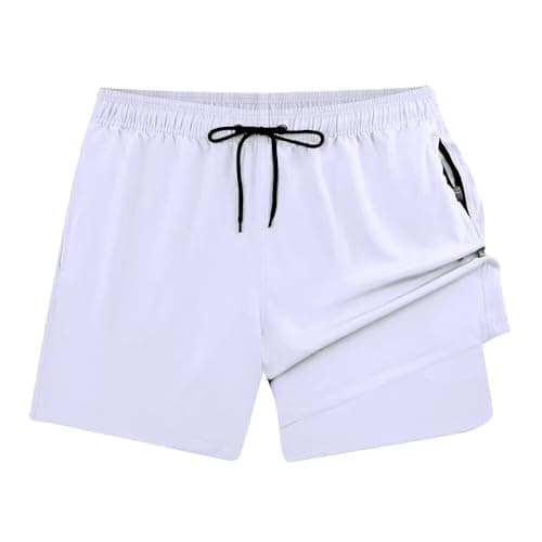 FREDRM Men's Swim Trunks with Compression Liner Quick Dry Bathing Suit Stretch Beach Board Shorts with Zipper Pockets (A-White, M) - Image 1