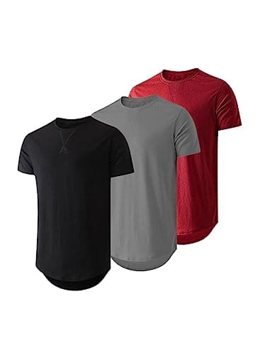 JMIERR Men's 3 Pack Cotton Hipster Hip Hop Longline Crewneck T-Shirt, Short Sleeve Gym Workout Athletic T Shirts for Men Pack,L, Black/Dark Grey/Red - Image 1