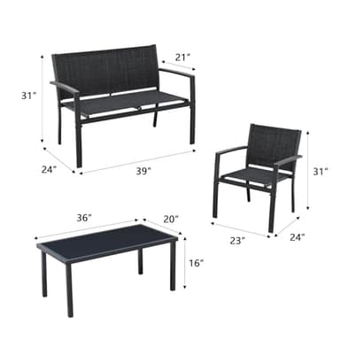 Greesum 4 Pieces Patio Furniture Set Outdoor Conversation Textilene Fabric Chairs for Lawn, Garden, Balcony, Poolside with A Glass Coffee Table, Black - Image 7