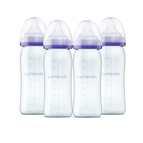 Lansinoh Anti-Colic Glass Baby Bottles, 8 Ounces, 4 Count Bottles for Feeding, Baby Essentials, Includes 4 Medium Flow Nipples, Size M - Image 1