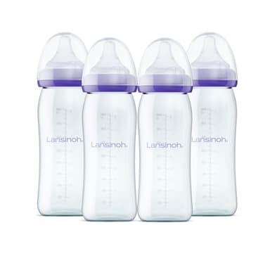 Lansinoh Anti-Colic Glass Baby Bottles, 8 Ounces, 4 Count Bottles for Feeding, Baby Essentials, Includes 4 Medium Flow Nipples, Size M - Image 1