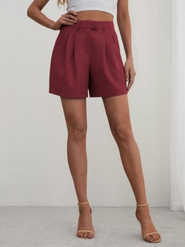 Feiersi Womens Casual Elastic Waist Wide Leg Suit Tailored Shorts Summer Dressy Work Shorts with Pockets(Wine Red,Small) - Image 5