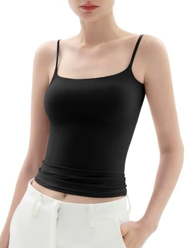 PUMIEY Tank Top for Women Square Neck Spaghetti Straps Camisole Sleeveless Basic Summer Tops, Jet Black Small - Image 1
