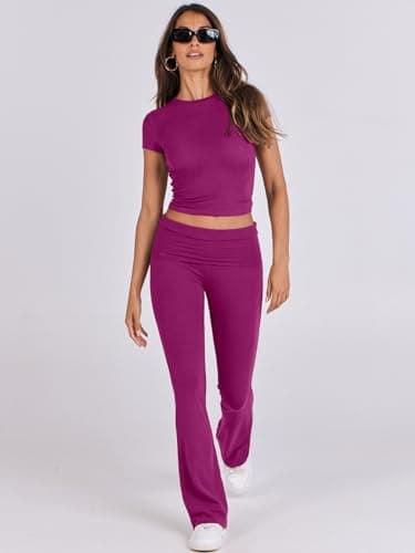 ANRABESS Lounge Sets for Women 2 Piece Foldover Yoga Flare Leggings Pants Crop Tops Casual Y2K Outfits Matching Tracksuit Set Hot Pink Small - Image 9