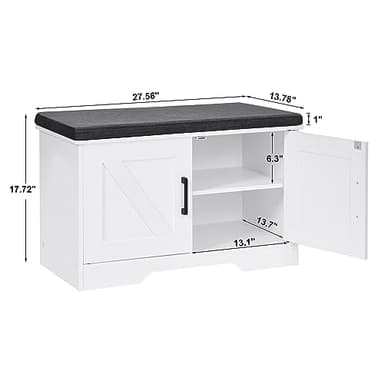 HOMSHO 2-Tier Storage Bench, 27.6" Wide Shoe Bench with Padded Seat Cushion, Entryway Bench with 2 Barn Doors and Adjustable Shelf, White - Image 3