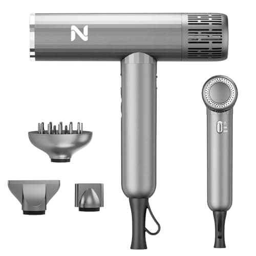 Natrial Ionic Professional Hair Dryer with Diffuser for Curly Hair,1600W&110000RPM High Speed Blow Dryer for Women,Fast Drying,Lock Function,Low Noise,Lightweight for Home Travel Salon,Grey&Silver - Image 1