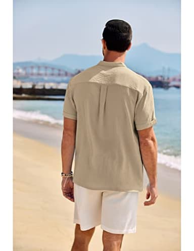 COOFANDY Men Summer Henley Shirts Button Vacation Shirt Collarless Casual T-Shirt Khaki - Image 3