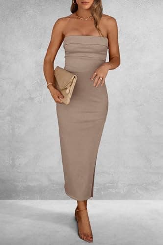 PRETTYGARDEN Women's Summer Bodycon Maxi Tube Dress Ribbed Strapless Side Slit Long Going Out Casual Elegant Party Dresses (Khaki,Small) - Image 7