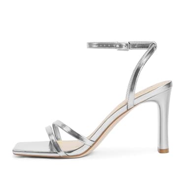 Modatope Womens Sandals Square Open Toe Silver High Heels Strappy Ankle Strap Sandals Comfort Dress Party Shoes Size 7.5 - Image 2