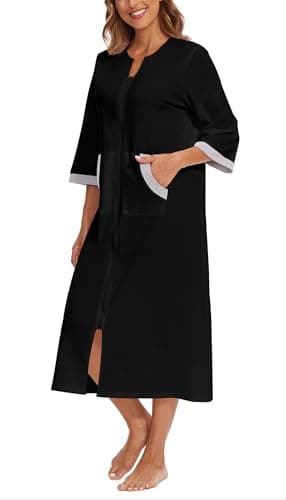 Korelayer Zipper Robes for Women 3/4 Sleeve Housecoats Long Lightweight Bathrobe House Dress with Pockets, Black, XX-Large - Image 3