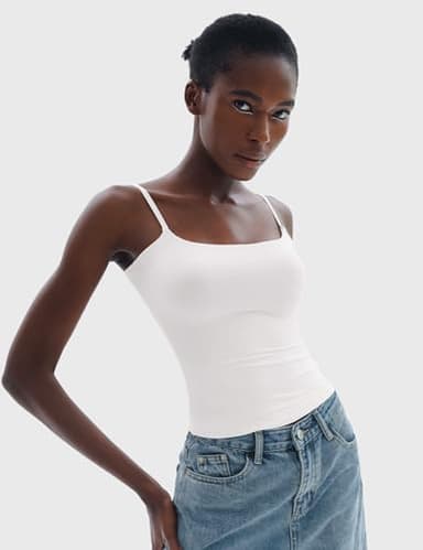 PUMIEY White Tank Top for Women Square Neck Spaghetti Straps Sleeveless Summer Tops, Splashed White Small - Image 3