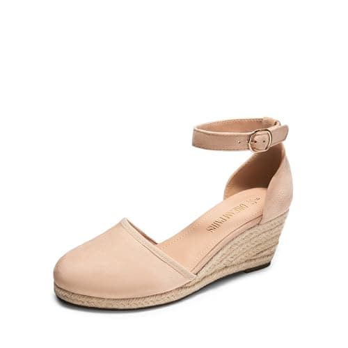 DREAM PAIRS Women's Espadrilles Closed Toe Ankle Strap Dressy Platform Wedge Sandals,Size 5,Nude-Suede,AMANDA-2 - Image 1