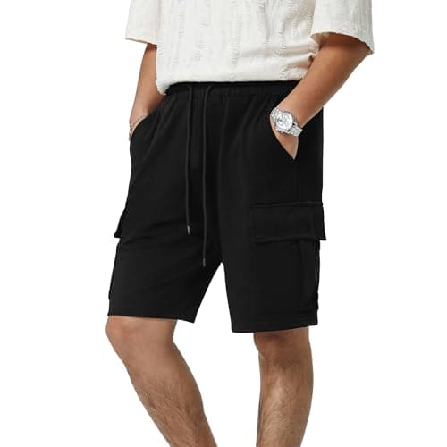3rd hill Mens Casual Sweat Cargo Cotton Shorts Drawstring Elastic Waist Athletic Workout Gym Jogger Shorts with 5 Pockets Black - Image 1