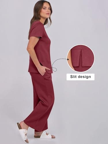 ANRABESS Women 2 Piece Lounge Sets Summer Travel Sweat Outfits Short Sleeve Wide Leg Casual Matching Tracksuits Clothes Wine Red Large - Image 4
