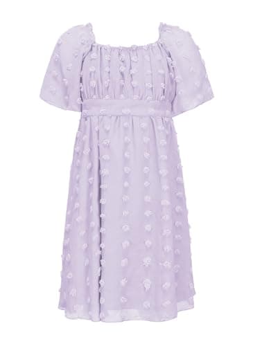 EXLURA Girls 2025 Summer Dresses Short Sleeve Swiss Dot Square Neck Flowy A Line Kids Dress Casual Party Midi Dress 6-15Y Light Purple - Image 1