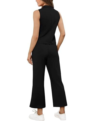 Sampeel Two Piece Set for Women Summer Outfits Matching Sets Women Clothing Lounge Sets Business Casual Outfits Travel Mock Neck Tops Wide Leg Pants Set Black XL - Image 5