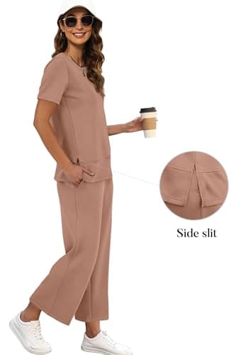 XIEERDUO Woman Lounge Sets Casual Summer Two Piece Travel Outfits Spring Fashion Short Sleeve Tracksuit Wide Leg Loungewear Beach Vacation Clothes Airport Clothing Women's Resort Wear Brown S - Image 2